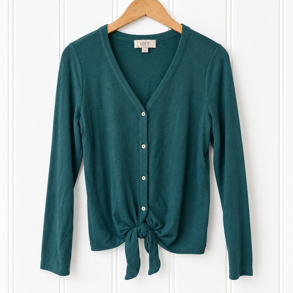 Loft Small Teal V-Neck Cardigan Sweater Button Front Knot Hem S
